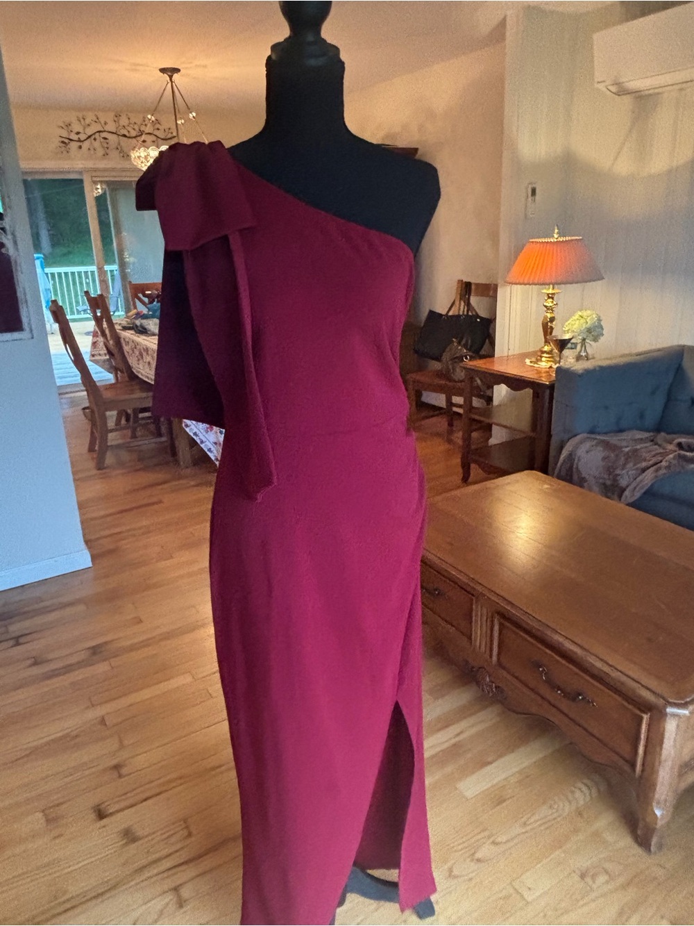 Asymmetrical One-Shoulder Wine Dress with Side Slit